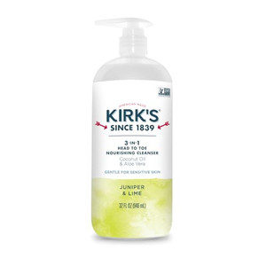 Kirk's 3-in-1 Head to Toe Nourishing Liquid Cleanser- for Men, Women & Children - Premium Coconut Oil & Aloe Vera- Non GMO & Vegan -Juniper & Lime -