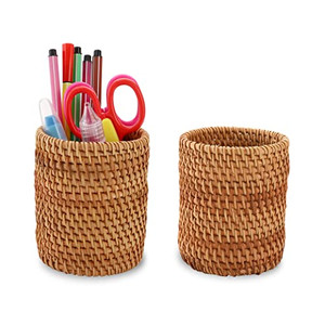 Okllen 2 Pack Rattan Pencil Holder, Handmade Wicker Pen Cup Makeup Brushes Holder, Woven Vine Desk Organizer Pen Container Box for Office & Home Desk