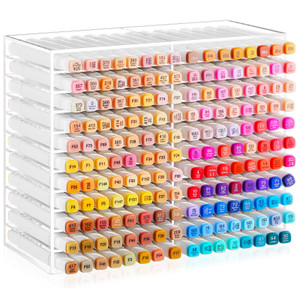 MotiMind Acrylic Marker Organizer for 126 Marker, Large Art Pencil Holder Storage Rack for Desk, Pens Art Brushes Display Stand with 18 Compartments