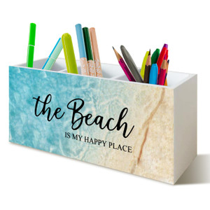 YTRGI Beach Gifts for Women Men, The Beach Is My Happy Place Pen Holder for Home Office Kitchen Desk Decor, Beach Wooden Pencil Holder Sign Organizer