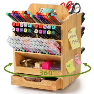 SOUJOY Bamboo Pen Holder Organizer, 360°Rotating Art Supply Storage Caddy, Hold 400+ Pencils, 15 compartments Office Desk Stand Box with Handle for M
