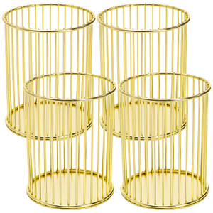 Yopay 4 Pack Pencil Cups, Round Wire Metal Pen Cups Makeup Brush Holder, Cylindrical Desktop Organizer Office School Home Supplier, Golden, 3.94" H ×