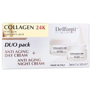 Delfanti  COLLAGEN 24K  Anti-Aging DUO pack  Day Cream jar PLUS Night Cream jar Face, Neck and Décolleté Moisturizers with pure Hyaluronic Acid 