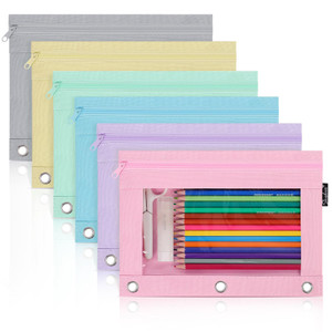 SKYDUE Pencil Pouch for 3 Ring Binder, 6 Pack, Zipper Pencil Pouches for Girls Boys, Clear Window Pencil Case for Binder, 3 Ring Pencil Pouch for Bin