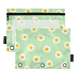 SUABO Daisy Flowers Green Pencil Pouch for 3 Ring Binder, Pencil Bag Pencil Case Cosmetic Bag with Zipper Clear Window for Office Travel Cosmetic, 2