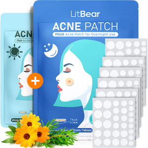 LitBear Acne Pimple Patches- Day and Night 4 Sizes 180 Dots Thin & Thick Hydrocolloid Patches with Witch Hazel, Tea Tree & Calendula Oil, Pimple Stic