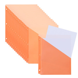 PATIKIL Binder Pocket for 3 Ring Binders, 15pcs 3 Hole Punch Pocket Folder Divider Slash File Jacket Organizer Sleeves for Office Paper Document, Ora