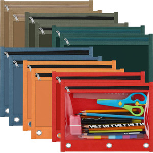 Lincia 12 Pack Pencil Pouch for 3 Ring Binder Heavy Duty Zipper Pencil Pouches with Large Clear Window 10" x 7" in Assorted Colors Sturdy and Lasting