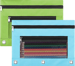 PUPCONE Pencil Pouch, 3 Ring Binder Pencil Bag with Large Capacity, Zipper Pulls Double Pockets Pencil Case with 3 Binder Hole and Mesh Window (Light