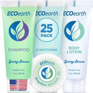 EcoEarth Hotel Toiletries Bundle (Spring Breeze, 1 oz each, 100 Pieces) 4-Piece Set: 25 Round Bar Soap, 25 Shampoo, 25 Conditioner & 25 Body Lotion -