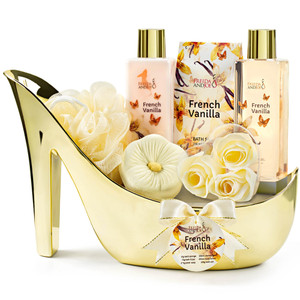 Freida & Joe Elegant Bath Set in High Heel Shoe  Luxurious Spa Gift Basket for Women, Includes Shower Gel, Body Lotion, Bath Salts, Soap Flowers, Ba