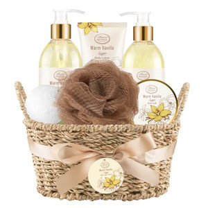 Bath and Body Warm Vanilla Sugar Spa Gifts for Women, with Shower Gel, Bubble Bath, Body Lotion, Bath Bomb, Bath Salt, Spa Basket Gift Set for Women,