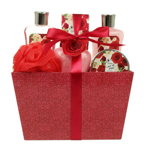 Christmas Gifts, Spa Baskets for Women Bath and Body Basket for Women, Includes Love of Rose Shower Gel, Bubble Bath, Body Lotion, Bath Salt, Red Bat