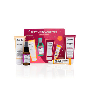 Q+A Festive Favourites Gift Set, containing a Hyaluronic Acid Moisturiser (75ml), an Oat Milk Cream Cleanser (75ml), an Azelaic Acid Serum (30ml), an