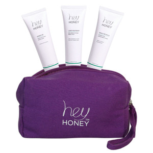 Hey Honey 4pc Set: Love Your Body Lotion, Walk The Walk Foot Cream, Hands On Honey Hand Cream, Eco Makeup Bag. Perfect for Valentine's, Xmas, Birthda