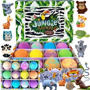 Bath Bombs for Kids with Surprise Inside, 12 Bubble Bath Fizzies with Jungle Animal Toys. Moisturizing, Gentle & Kids Safe, Rainbow Spa Bath Fizz, Bi