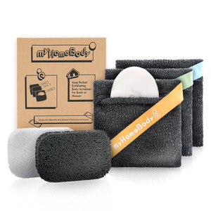 myHomeBody Soap Pocket Squares Exfoliating Pouch, Body Scrubber, Exfoliator Sponge for Bath or Shower, or Leftover Bits Saver, Graphite Gray, 3 Pack