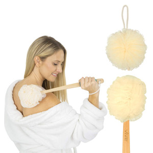 Vive 17 Shower Loofah with Long Handle - Exfoliating Back & Body Scrubber for Men & Women - Luffa Sponge on a Stick for Bathing, Cleaning - Includes