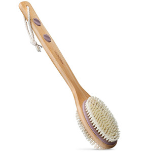MainBasics Back Scrubber for Shower  Long Handle Dual-Sided Brush for Body Wash & Scrubbing with Exfoliating & Soft Bristles (Lavender, Wood)