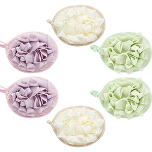 Boao 6 Pcs Bath Shower Pouf Sponge Mesh Pouf Shower Ball Exfoliating Body Sponge Pad Scrubber Glove with Flower Bath Ball (Beige,Green,Purple)