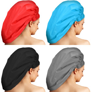 4 Pieces Jumbo Shower Caps, Extra Large Waterproof Shower Caps for Braids, Bath Hair Hat for Women Long Hair, Soft and Comfortable(Blank Pattern,Blac
