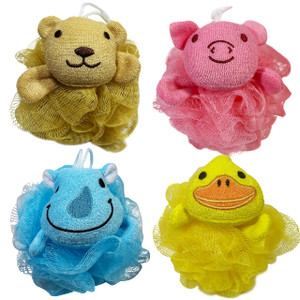 Bleu Bath (4 Pack) Lovely Animal Design Kids Exfoliating Bath Scrubber Body Scrubber Shower Ball for Baby Toddler Kids Gentle Exfoliating Bath Sponge