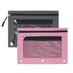 KBD 3 Ring Binder Pencil Pouchs, Zippered Pencil Pouch with Zipper Pulls Double Pocket Pencil Pouch 3 Ring with Clear Window (Grey &Pink 2pack)