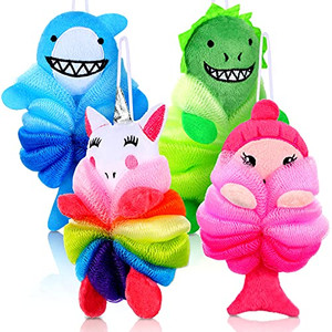 Tatuo 4 Pcs Animal Bath Loofahs Kids Body Loofah Cartoon Shower Cute Bath Sponge Pouf Body Scrubbers Mesh Sponge for Children Shower Baby Washing Exf