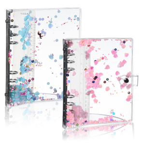 NEWEST 2 Pieces A5 Refillable Binder Covers PVC Round Ring Planner Protector with Glitter Confetti Sequins & Snap Button Closure Loose Leaf Folder No