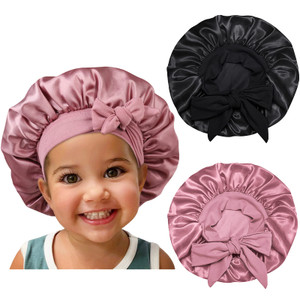 Satin Silk Bonnet Hair Cap: 2pcs Bonnets for Kids with Elastic Tie Band Adjustable Straps for Sleeping Sleep Comfortable - Stretchy Tie Band Hair Bon