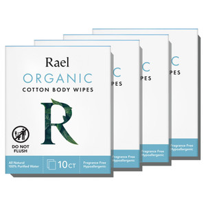 Rael Organic Cotton Wipes - Body Cloth, Individually Wrapped, All Skin Types (10 Count, Pack of 4)