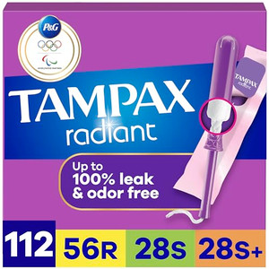 Tampax Radiant Tampons for Women Multipack, with LeakGuard Braid, Regular/Super/Super Plus Absorbency, Unscented, 112 Count (4 Packs of 28)
