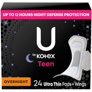 U by Kotex Balance Teen Ultra Thin Overnight Pads with Wings, 24 Count (Packaging May Vary)