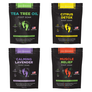 DAILY REMEDY Foot Soak Salts- Variety Pack of 4- Tea Tree Oil, Muscle Relief, Calming Lavender & Citrus Soak- For Foot Pain, Soreness, Athletes Foot