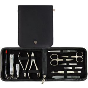 3 Swords Germany - brand quality 12 piece manicure pedicure grooming kit set for professional finger & toe nail care with black genuine leather case