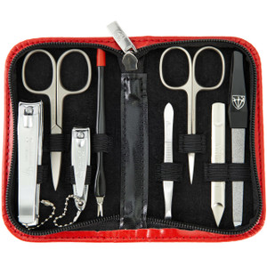 3 Swords Germany  brand quality 8 piece manicure pedicure grooming kit set for professional nail care with synthetic leather case red - Made in Germ