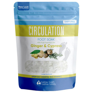Circulation Foot Soak 32 Ounces (2 Lbs) Epsom Salt with Pure Essential Oils Ginger and Cypress Essential Oils Plus Vitamin C in BPA Free Pouch with E