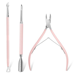 Makartt Cuticle Trimmer with Cuticle Pusher, 3 PCS Pink Nail Cuticle Nipper Professional Pedicure Manicure Tools with Stainless Steel Dual End Pusher