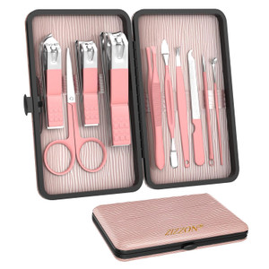 ZIZZON Travel Mini Manicure Set Nail Clipper Set 10 in 1 Stainless Steel Pedicure Care Grooming kit with Case Pink