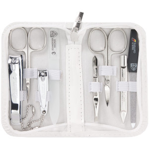 3 Swords Germany - brand quality 8 piece manicure pedicure grooming kit set synthetic leather case white - Made in Germany