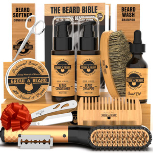 Beard Straightener Grooming Kit for Men, Beard Growth Kit, Wash, Brush & Comb, Unscented Growth Oil, All Natural Sandalwood Balm, Conditioner, Razor