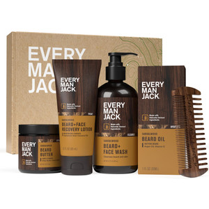 Every Man Jack Beard Essentials Gift Set for Men  Complete Routine with 5 Full-Size Essentials  Sandalwood Scent - Beard & Face Wash, Lotion, Oil,