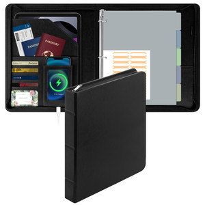 EYROZILL Zipper Portfolio Binder, 3 Ring Leather Binders 1-Inch Capacity for 8.5x11, with Document Pockets, Card Slots & Phone Holder (Black)