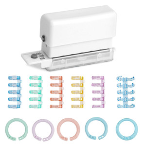 MOAMUN Mini 6-Hole Binding Machine with Binder Ring Set 20PC 5 Ring Plastic Loose-Leaf Binder Rings, 50PC Small Binder Rings for Scrapbook Photo Albu