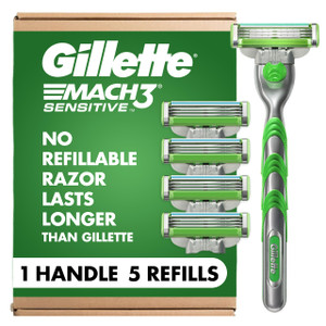 Gillette Mach3 Sensitive Razors for Men, 1 Handle, 5 Blade Refills, Designed for Sensitive Skin