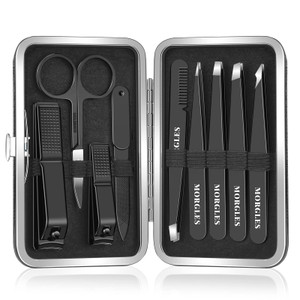 MORGLES Tweezers Set and Nail Clippers, 9 Pcs Stainless Steel Tweezers Kit for Men Professional Manicure Set for Men Grooming Kit With Leather Travel