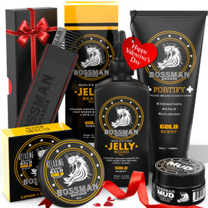 Bossman Complete Beard Kit  Men's Beard Oil Jelly, Fortifying Shower Conditioner, Balm, Mustache Wax & Comb  Beard Softener & Grooming Care (Gold S
