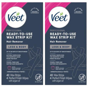 Veet Leg & Body Hair Removal Kit- Sensitive Formula, Ready-to-use Cold Wax Strips, Shea Butter & Acai Fragrance, 40 Count (Pack of 2)