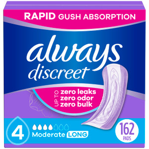 Always Discreet Adult Incontinence Pads for Women, Moderate Absorbency, Long Length, Postpartum Pads, 162 Count (3 Packs of 54)