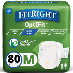 FitRight Adult Diapers, Ultra Heavy Absorbency, M (Waist Size 32in-44in), 80 Count, OptiFit Incontinence Briefs for Men and Women, Disposable, Moistu